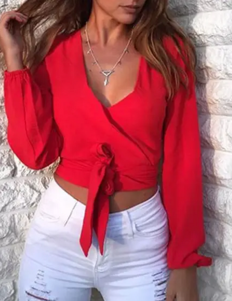 V-Neck Solid Color Wrapped Blouse