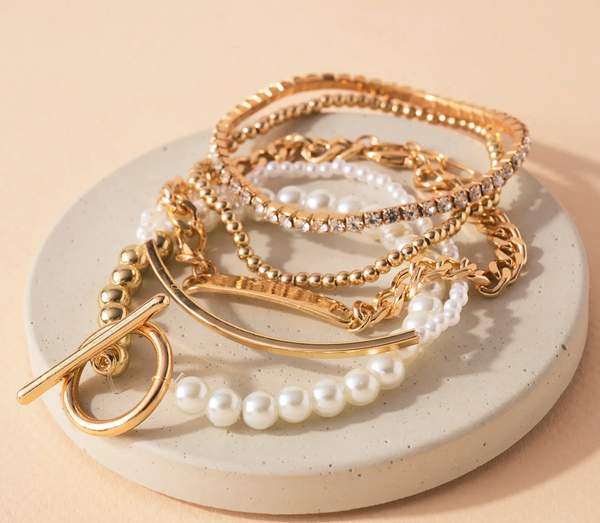 Pearls and Chain ID Tag Bracelet Set